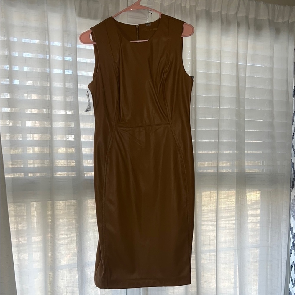 Calvin Klein Brown Midi Sheath Dress with Sleeveless Design and Crew Neck